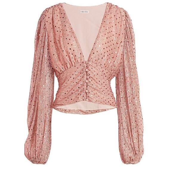 For Love & Lemons La Villette Puff Sleeve Cropped Blouse Pink Small - Picture 2 of 9